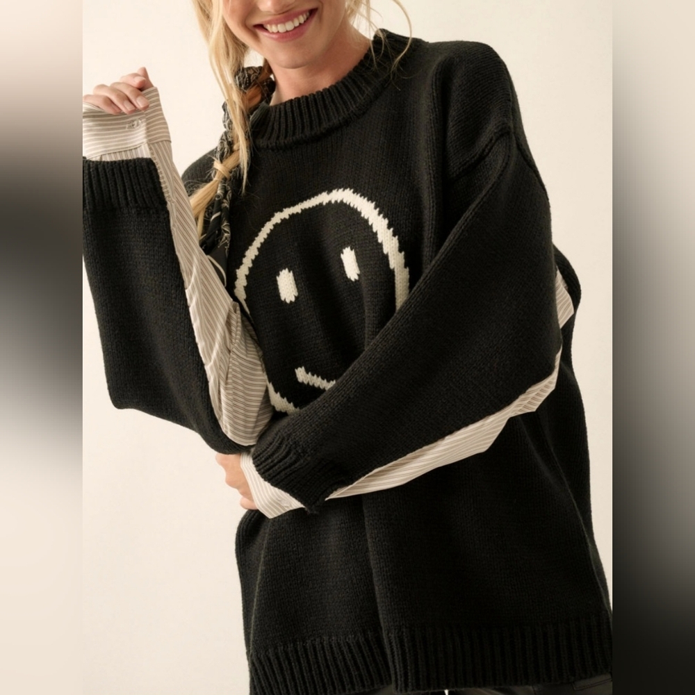 #6284 🩷 🛑M Chic Trendy Smiley Face Contrast Oversize Sweater - Picture 5 of 13